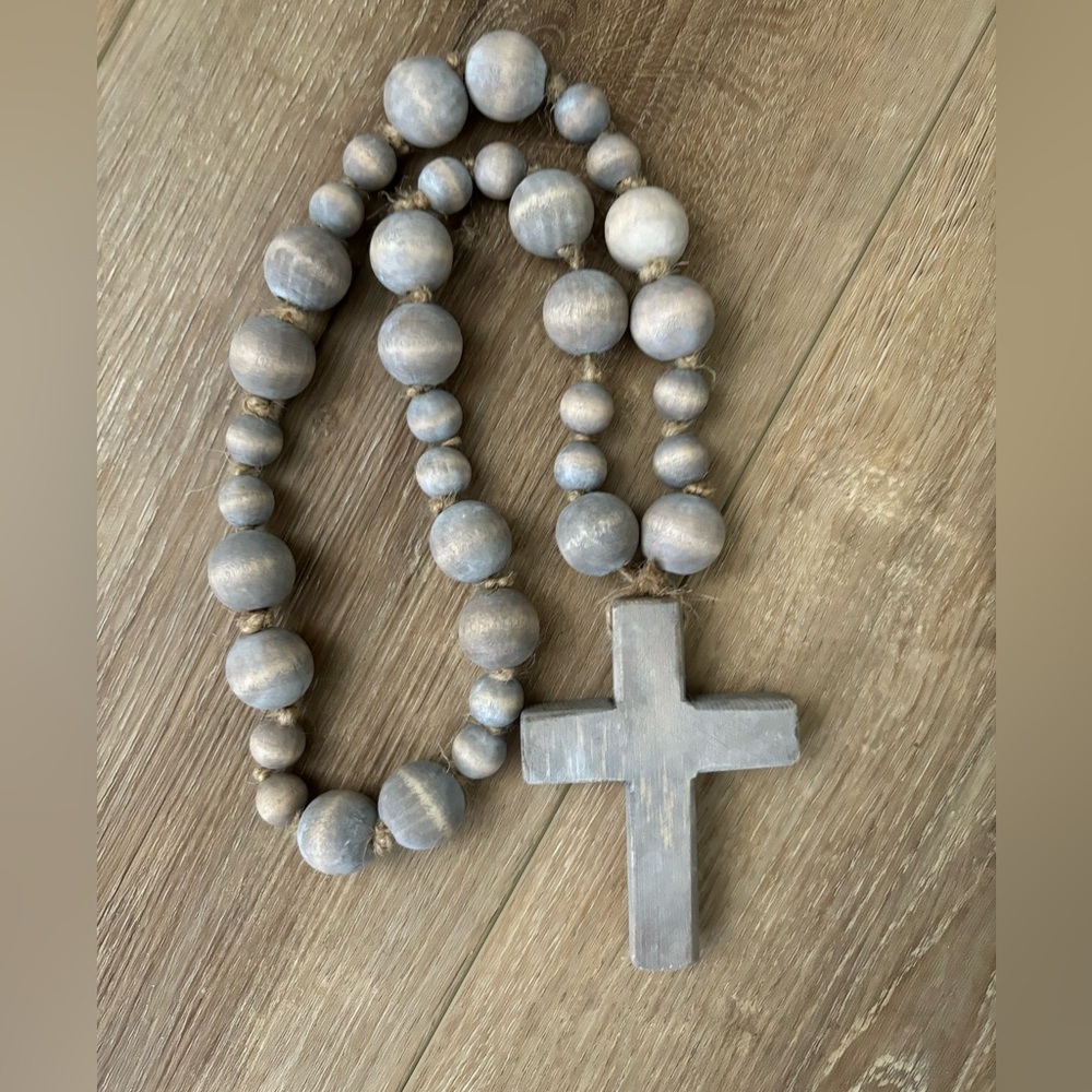 Rustic Gray Wood‎ Bead Garland With Reclaimed Wood Cross Handmade Gift Idea
